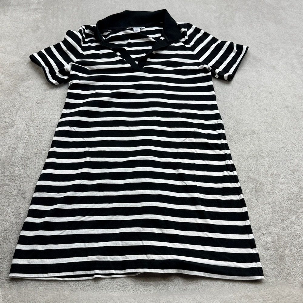 Tommy Bahama Polo Dress Women L Black White Striped Pocket Coastal Preppy Breton
